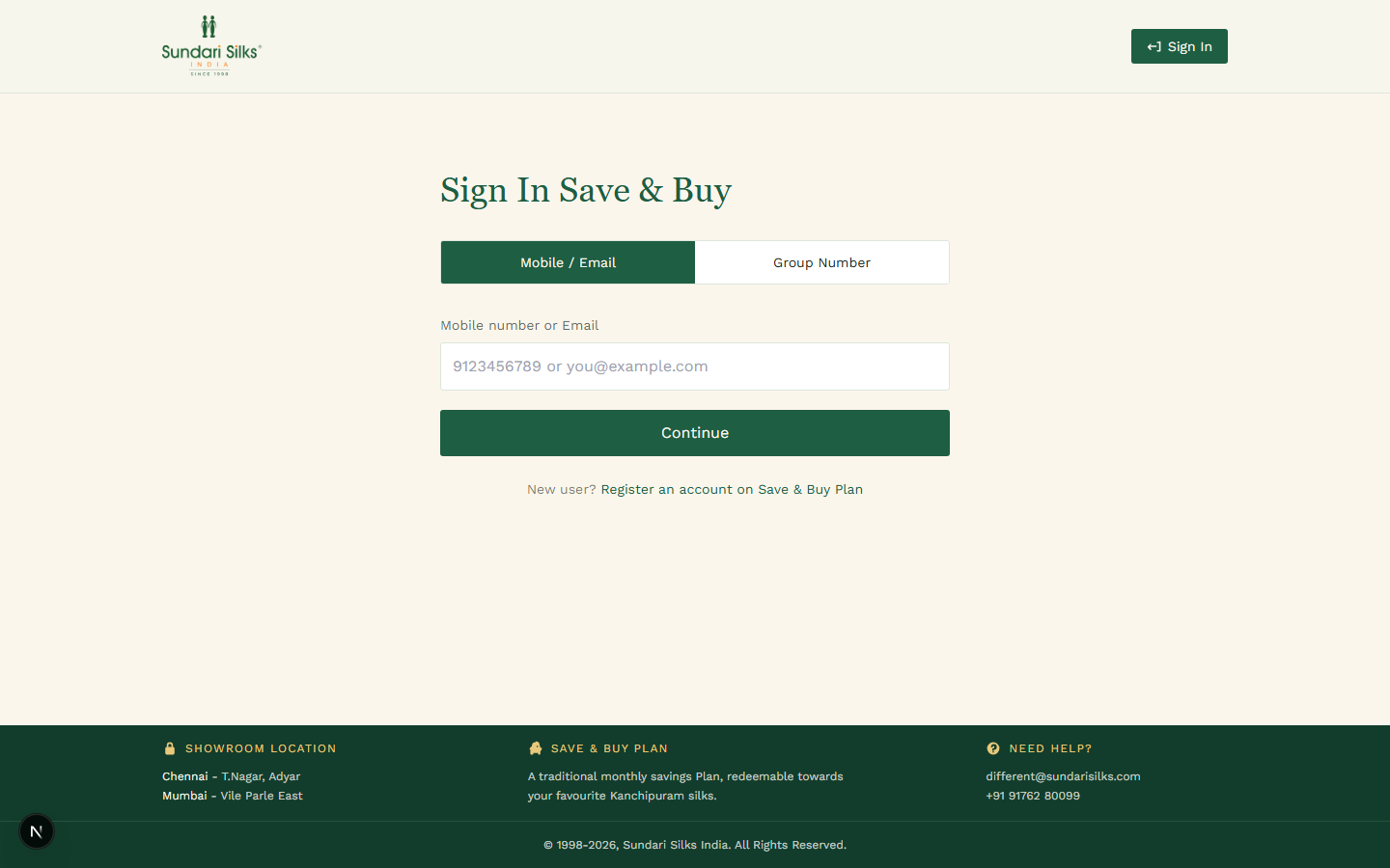 Mobile or email sign-in tab